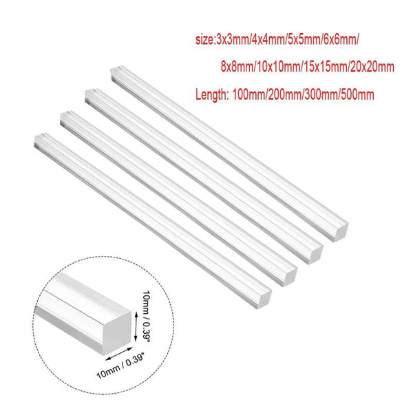 Size comparison of acrylic square rods in mm and inch