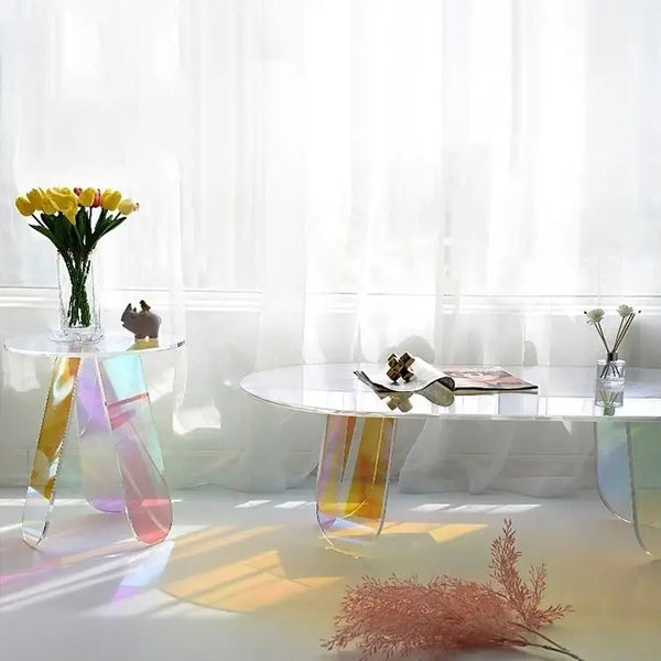 Acrylic round table displaying blue light reflection from side angle