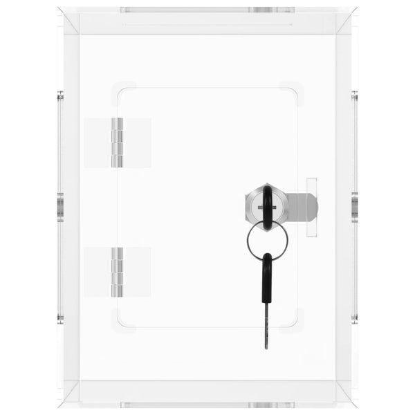 Acrylic savings jar with lock multiple angles showing rectangular design and transparency