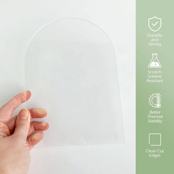 Custom acrylic sheet blanks in multiple sizes from 4x6 to 8x10 inches with arch and rectangular shapes