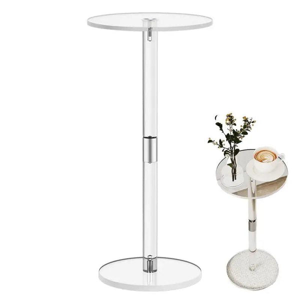 Versatile acrylic side table holding drinks, snacks, and books