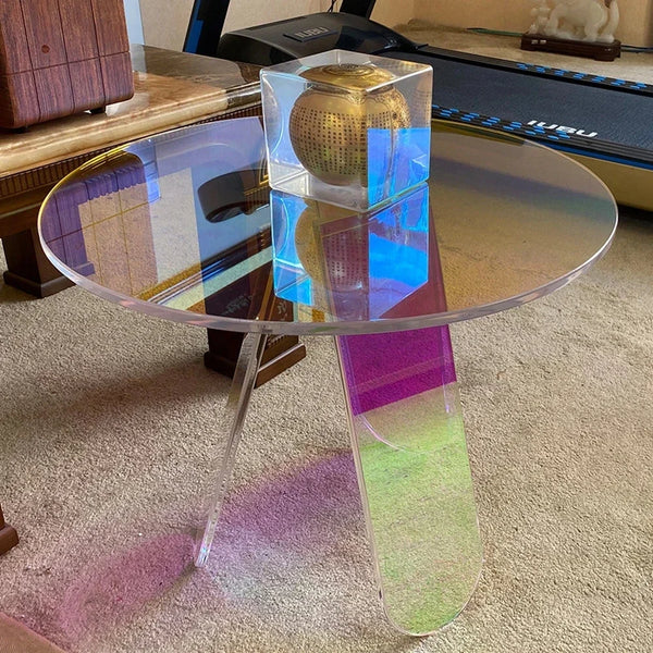 Modern acrylic side table with iridescent dichroic coating angle view