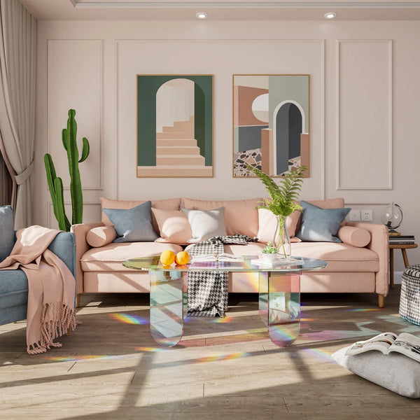 Close-up detail of reinforced acrylic table leg mounting joint showing construction quality