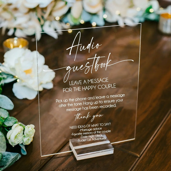 Amber brown tinted acrylic audio guestbook sign with vintage aesthetic for rustic wedding decor