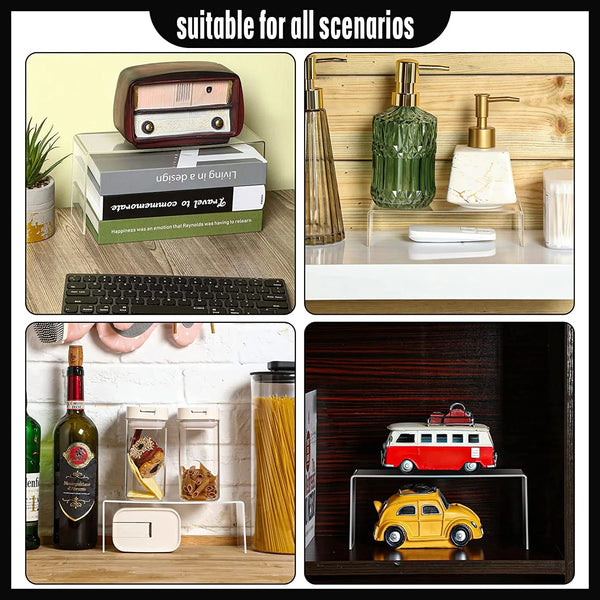 Angled view of multi-level acrylic display stand for retail merchandise