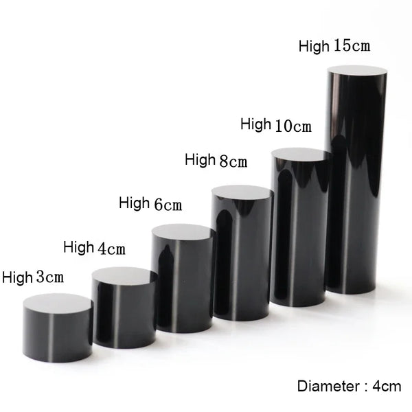 Black acrylic display stand with dimension markings showing height and diameter specifications