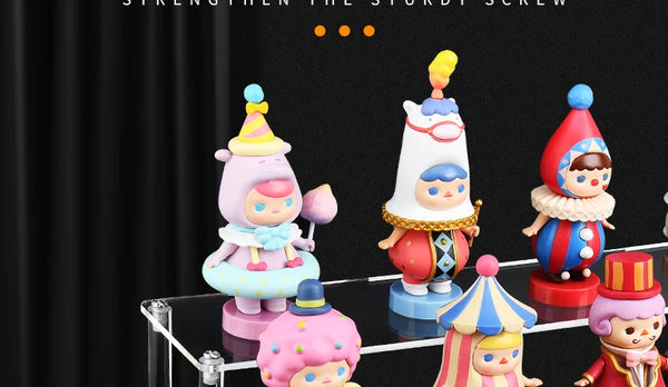 Scale model cars displayed on clear acrylic tiered stand