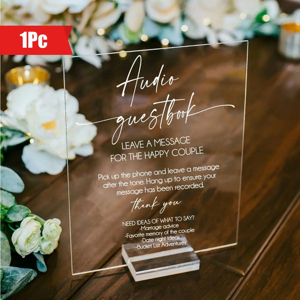 Black frosted acrylic audio guestbook sign with white UV printed instructions for wedding voice messages
