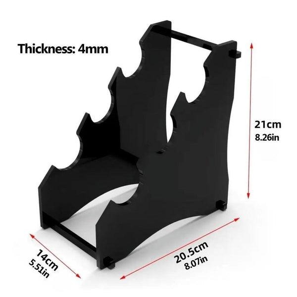 Black and transparent acrylic lightsaber stands side by side