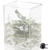 Clear acrylic money saving box with lock and key front view showing transparent PMMA construction