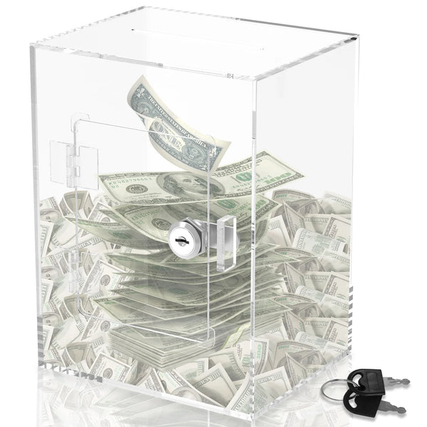 Clear acrylic money saving box with lock and key front view showing transparent PMMA construction