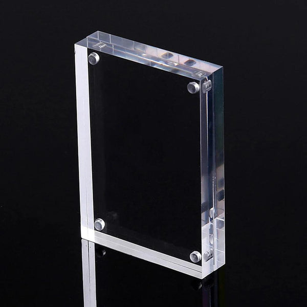 Angled view of frameless magnetic acrylic photo frame