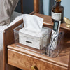Clear acrylic tissue box holder with remote organizer – front view