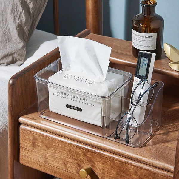 Clear acrylic tissue box holder with remote organizer – front view