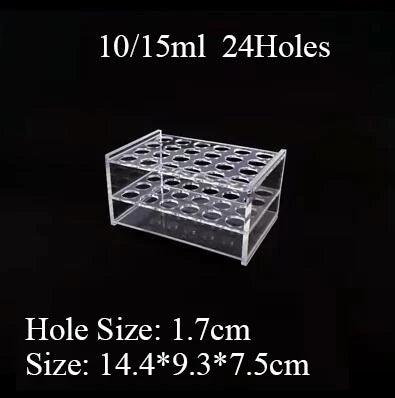 Close-up of laser-cut holes in acrylic centrifuge tube rack