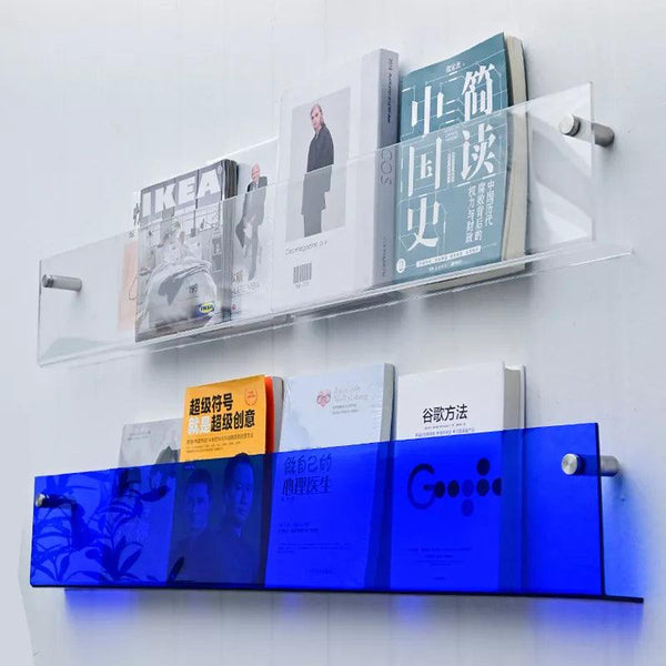 Front view of clear acrylic wall-mounted display shelf