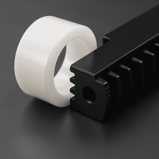 A selection of CNC-machined general engineering plastic parts, featuring a low-friction white POM (Delrin) bushing and a wear-resistant black Nylon gear for industrial applications.