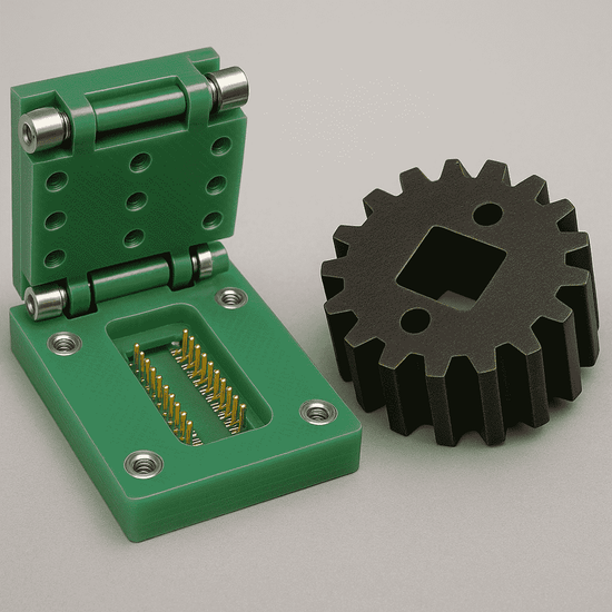 Precision-machined thermoset composite parts, including a green FR-4 electrical insulator and a durable Garolite (phenolic) mechanical gear, showcasing our expertise.