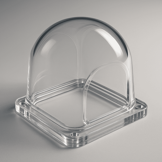 An optically clear machine guard, precision CNC-machined from Polycarbonate (PC) and vapor-polished to demonstrate our expert finishing for transparent plastics.