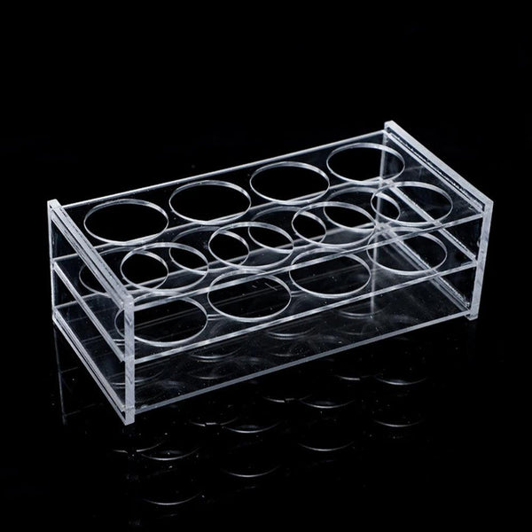 Angled view of 40-hole clear acrylic composite syringe dispenser tray