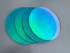 Five thickness options of iridescent acrylic circles from 1mm to 5mm displayed vertically