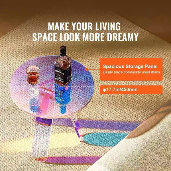 Close-up detail of dichroic film rainbow color spectrum on transparent acrylic furniture surface