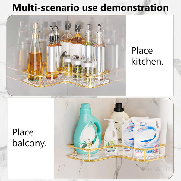 Double-tier gold acrylic corner shelf for shower and bathroom