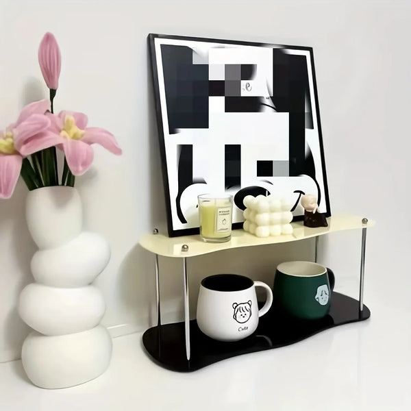 Disassembled acrylic shelf parts showing easy assembly with included metal hardware.