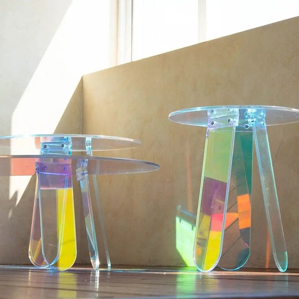 Iridescent acrylic table as modern living room accent furniture decor