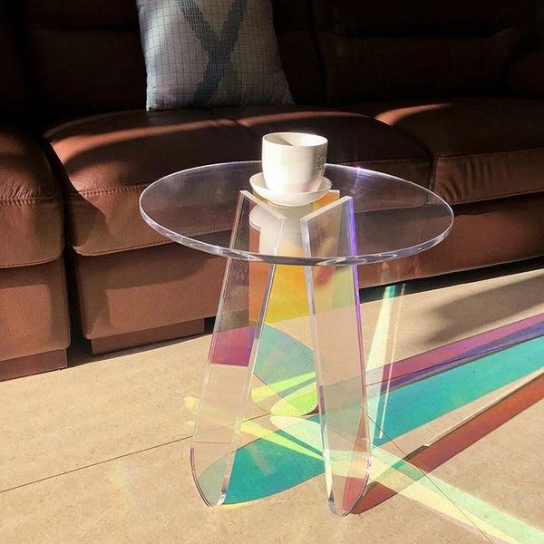 Iridescent acrylic furniture showing pink and gold color shift closeup