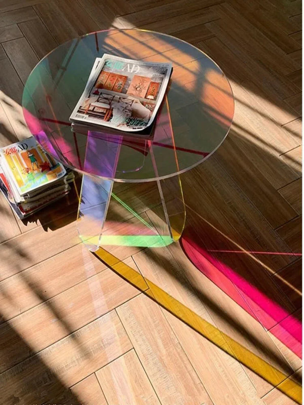 Iridescent acrylic table at event venue as wedding decoration furniture