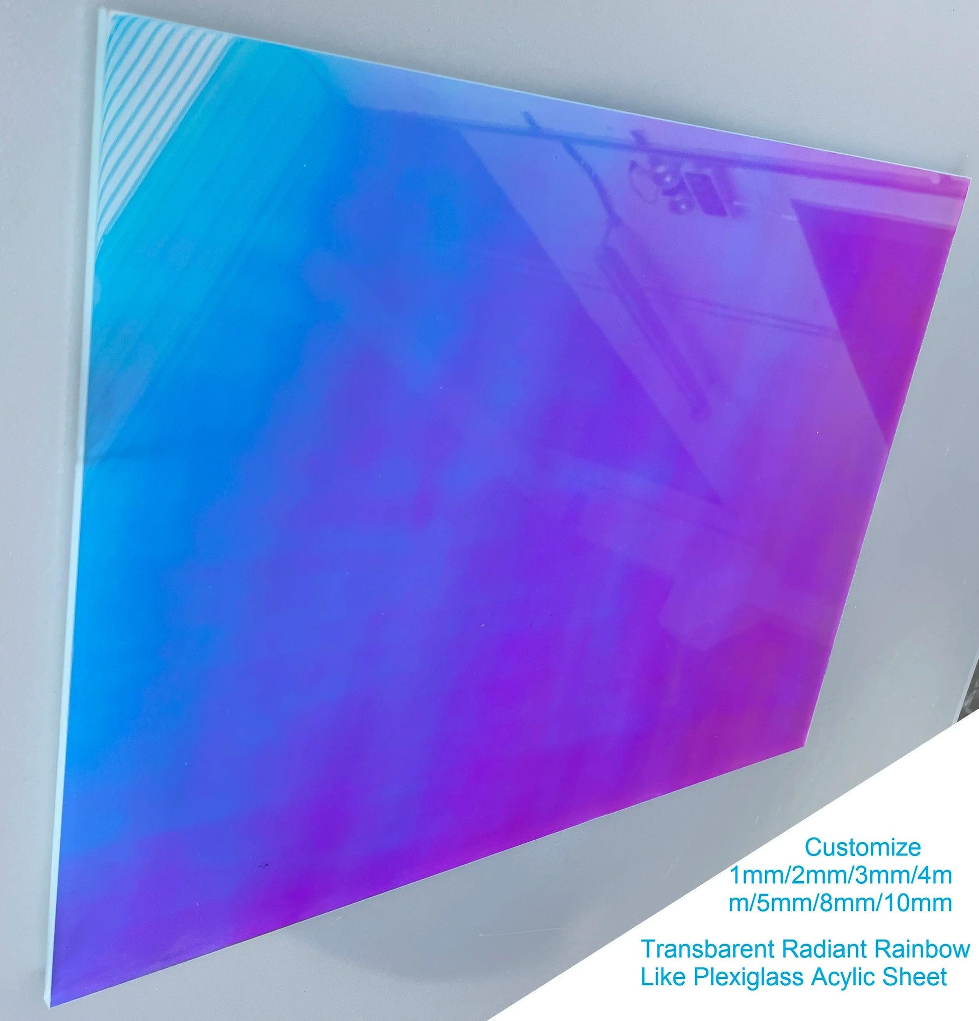 Front view of iridescent laser plexiglass rainbow acrylic sheet for crafts and DIY projects