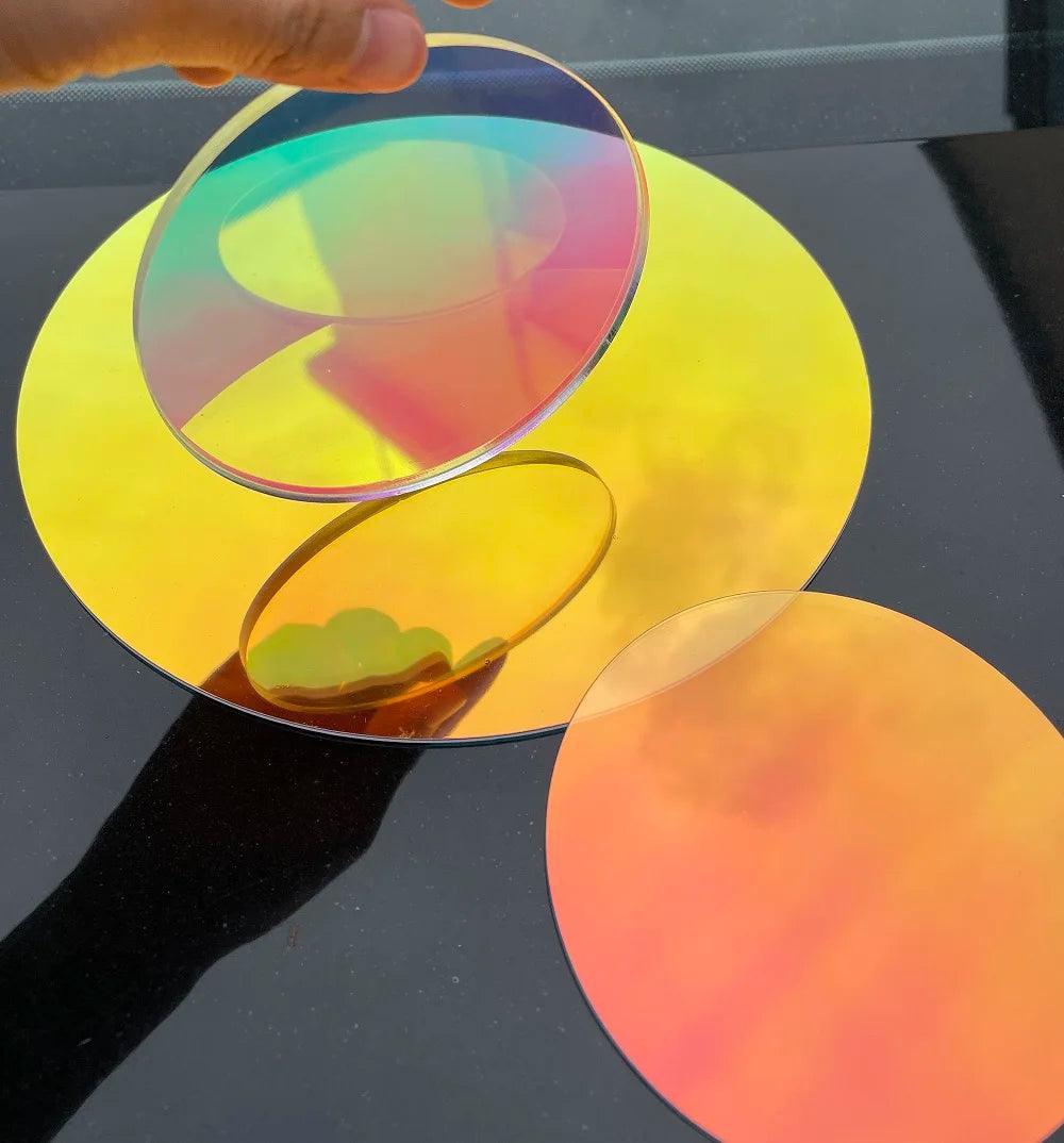 Laser plexiglass rainbow sheet under natural light creating shimmering rainbow colors