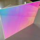 Angled shot of colorful rainbow acrylic PMMA sheet showcasing dazzling iridescent effect