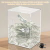 Lockable acrylic cash storage box detail view with dual keys and secure lock mechanism