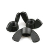 Size comparison chart of M3 to M12 nylon plastic wing nuts in black and white