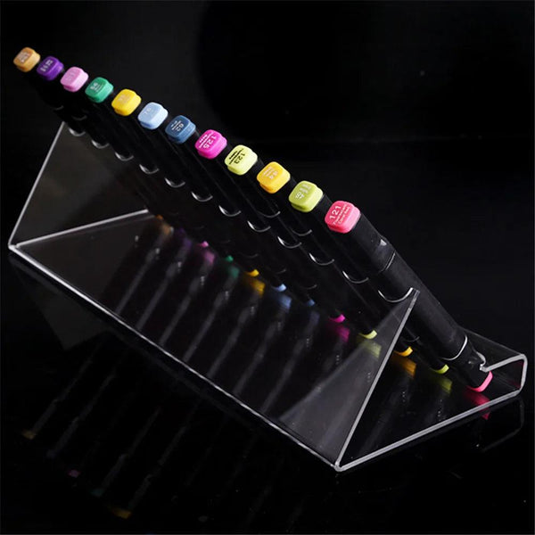 Top view of acrylic marker holder with neatly arranged pens