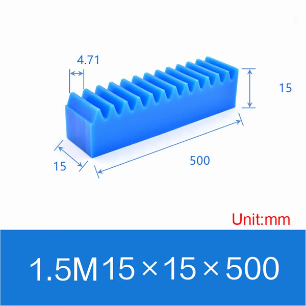 Blue nylon gear rack multiple viewing angles front side top perspective precision spur teeth