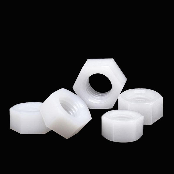 Nylon hex nuts color options in black and white for color-coded applications