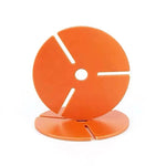 Custom CNC-cut orange plastic disc with clock-face design and white markings for display equipment or decorative applications