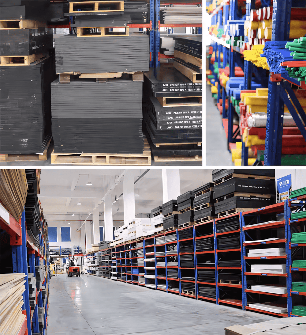 Plastic sheets warehouse with extensive inventory of HDPE, PTFE, acrylic, and polycarbonate boards - BeePlastic stock facility