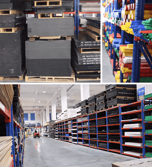Plastic sheets warehouse with extensive inventory of HDPE, PTFE, acrylic, and polycarbonate boards - BeePlastic stock facility