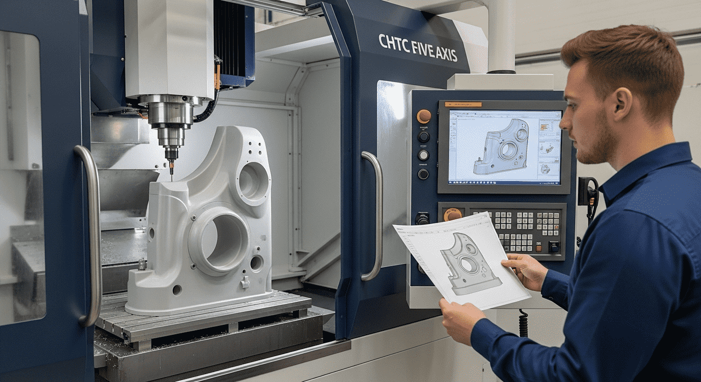 A showcase of precision CNC-machined plastic parts by Beeplastic, featuring a complex PEEK medical component, a green FR-4 insulator, and a white Delrin gear.