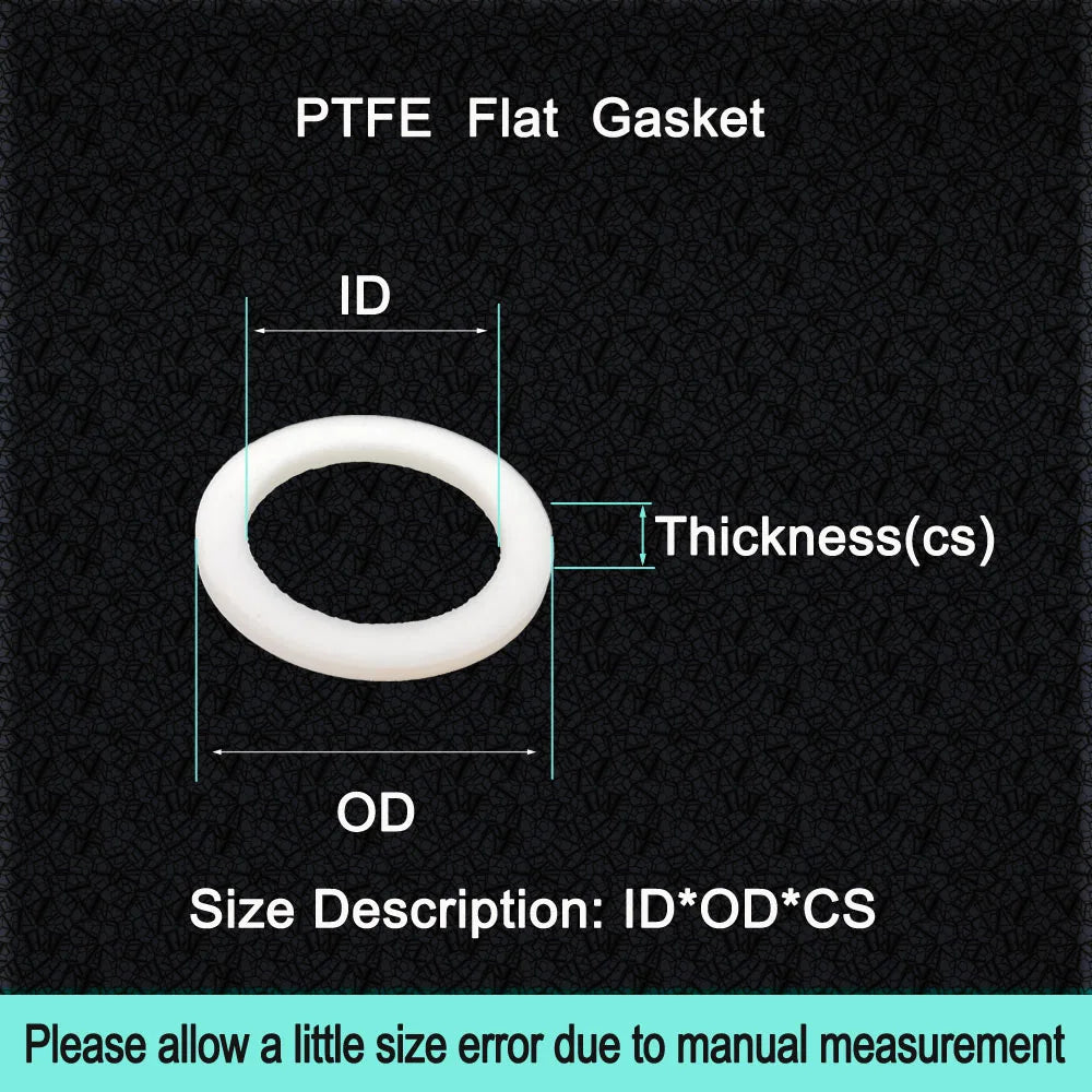Technical drawing showing PTFE washer dimensions in mm & inch