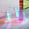 Rainbow iridescent table in art gallery as exhibition furniture piece