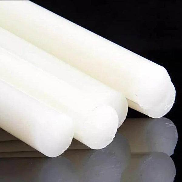 Close-up of small diameter white nylon rod (3mm–5mm) for precision machining