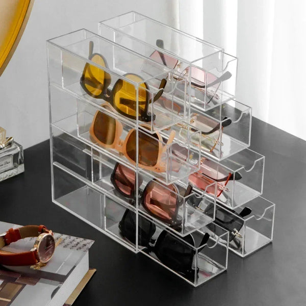 Multiple stackable acrylic organizer units arranged for expanded storage