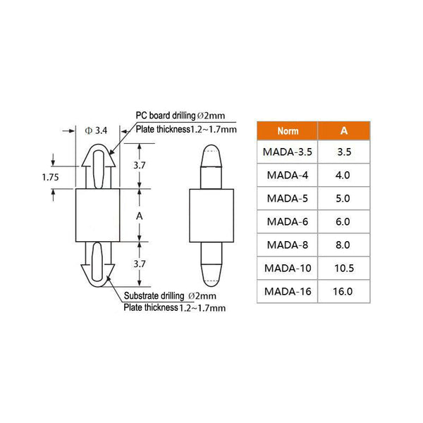 Technical dimensions of 2.5mm nylon circuit board standoff spacer