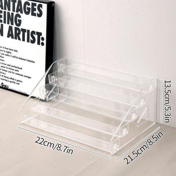 Wall-mounted acrylic makeup display for compact spaces